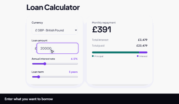 A loan of £35,000 at 8.9% over 3 years — entering the amount, dragging the rate and term, and reading the monthly repayment.