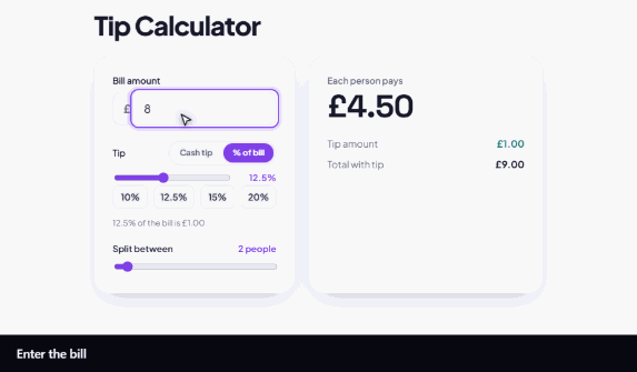 A £60 bill split two ways — setting the tip percentage and reading each person’s share.