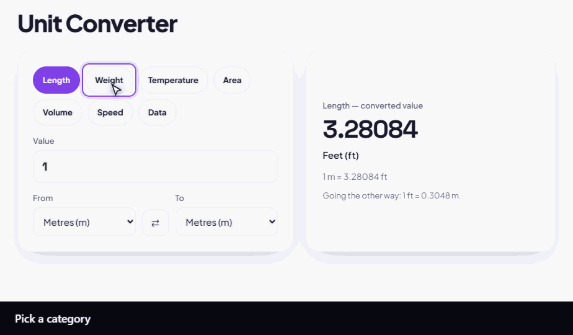 Converting metres to feet — picking a category, entering a value and choosing the units.